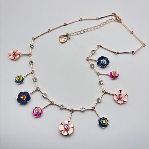 Betsey Johnson Flower  Station Necklace Rose Gold Tone Dangle Charms 18"
